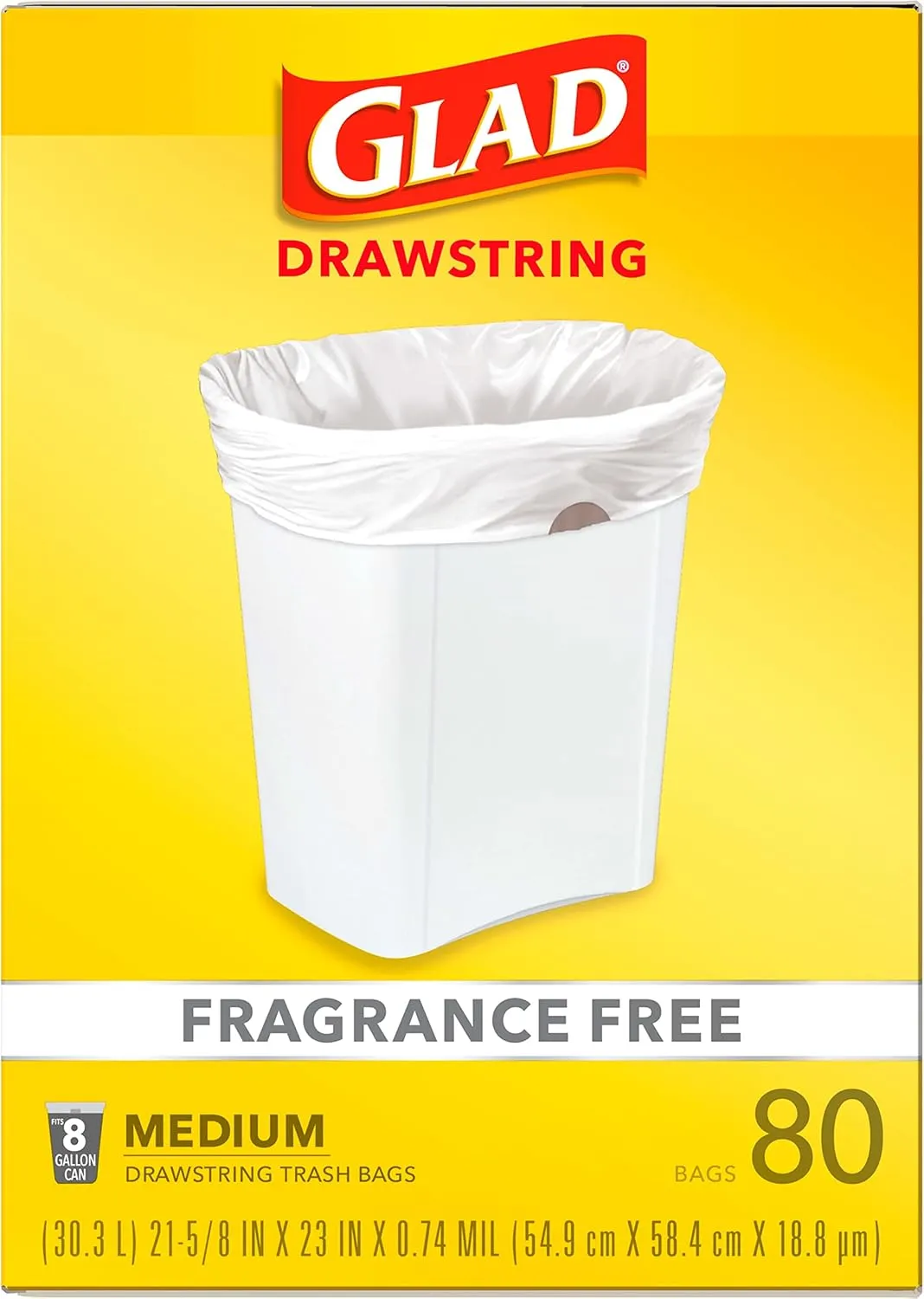 Glad Medium Drawstring Trash Bags, 8 Gallon, White, Fragrance Free, 80 Count, Pack May Vary