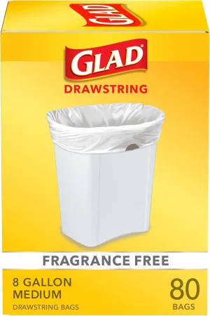 Glad Medium Drawstring Trash Bags, 8 Gallon, White, Fragrance Free, 80 Count, Pack May Vary