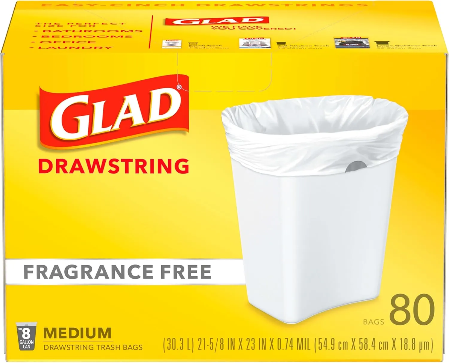 Glad Medium Drawstring Trash Bags, 8 Gallon, White, Fragrance Free, 80 Count, Pack May Vary