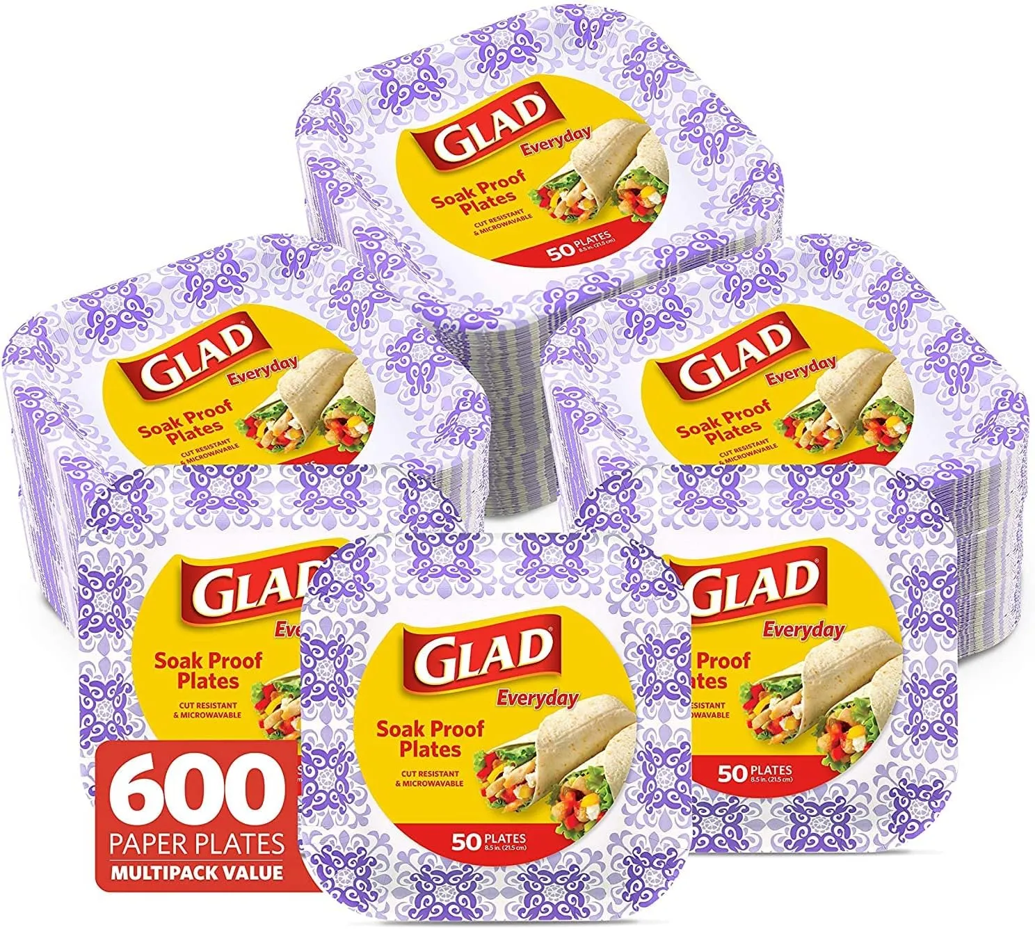 Glad Square Disposable Paper Plates for All Occasions | Soak Proof, Cut Proof, Microwaveable Heavy Duty Disposable Plates | 8.5" Diameter, 600 Count Bulk Paper Plates Purple