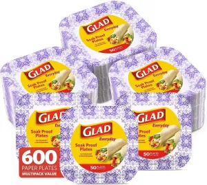 Glad Square Disposable Paper Plates for All Occasions | Soak Proof, Cut Proof, Microwaveable Heavy Duty Disposable Plates | 8.5" Diameter, 600 Count Bulk Paper Plates Purple