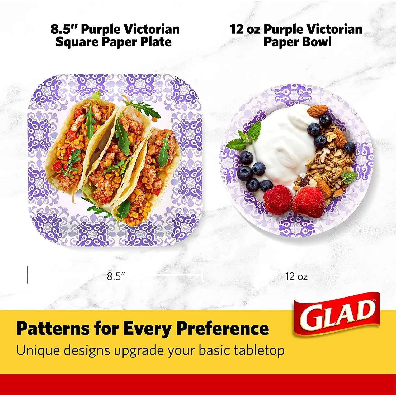 Glad Square Disposable Paper Plates for All Occasions | Soak Proof, Cut Proof, Microwaveable Heavy Duty Disposable Plates | 8.5" Diameter, 600 Count Bulk Paper Plates Purple
