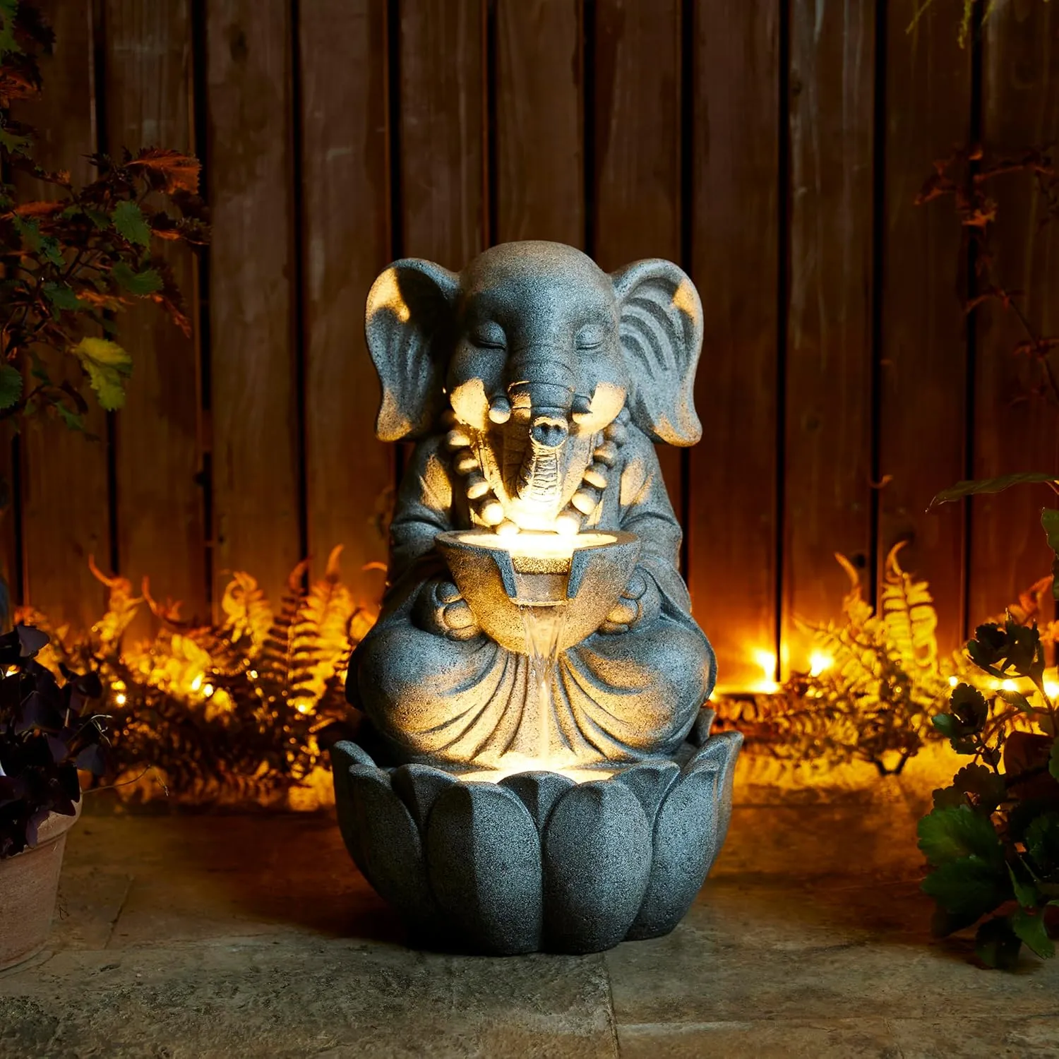 Glitzhome Outdoor Fountains and Waterfalls Zen-Style Concrete Resin Elephant Water Fountains with LED & Pump, Garden Patio Water Fountain Yard Fountain 2 Tier Floor Waterfall for Backyard Lawn 22" H