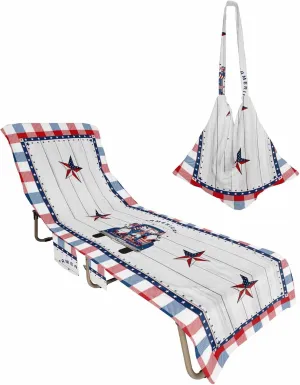 Gnomes Celebration Independence American Flag Chaise Lounger Cover with Pockets, Pool Lounge Chair Covers 85"x29", Wooden Stripes Buffalo Blue Red Lace Microfiber Beach Chair Cover for Patio