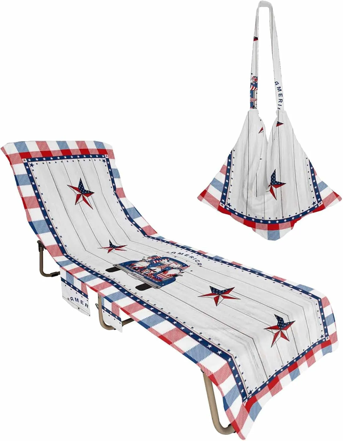 Gnomes Celebration Independence American Flag Chaise Lounger Cover with Pockets, Pool Lounge Chair Covers 85"x29", Wooden Stripes Buffalo Blue Red Lace Microfiber Beach Chair Cover for Patio