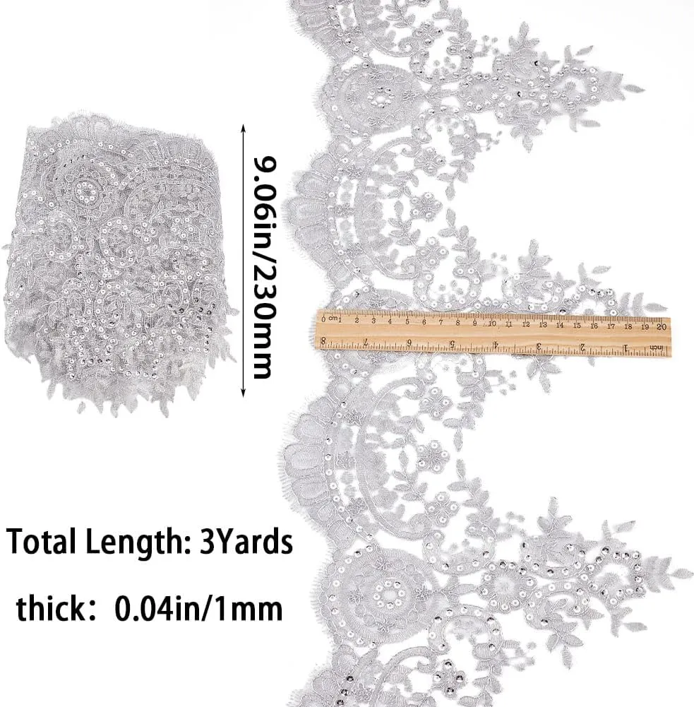 GORGECRAFT 3 Yards 9 Inches Width Metaillic Venice Edging Trimming Sequin Flower Embroidery Lace Ribbon Applique Sewing Lace Trim Floral Lace Crown Edge for Fabric Embroidered Wedding Bridal(Silvery)
