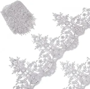 GORGECRAFT 3 Yards 9 Inches Width Metaillic Venice Edging Trimming Sequin Flower Embroidery Lace Ribbon Applique Sewing Lace Trim Floral Lace Crown Edge for Fabric Embroidered Wedding Bridal(Silvery)