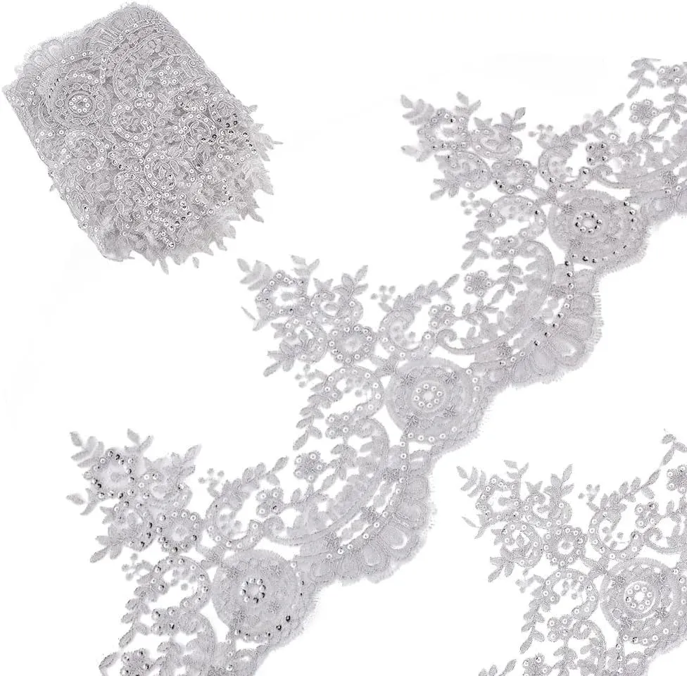 GORGECRAFT 3 Yards 9 Inches Width Metaillic Venice Edging Trimming Sequin Flower Embroidery Lace Ribbon Applique Sewing Lace Trim Floral Lace Crown Edge for Fabric Embroidered Wedding Bridal(Silvery)