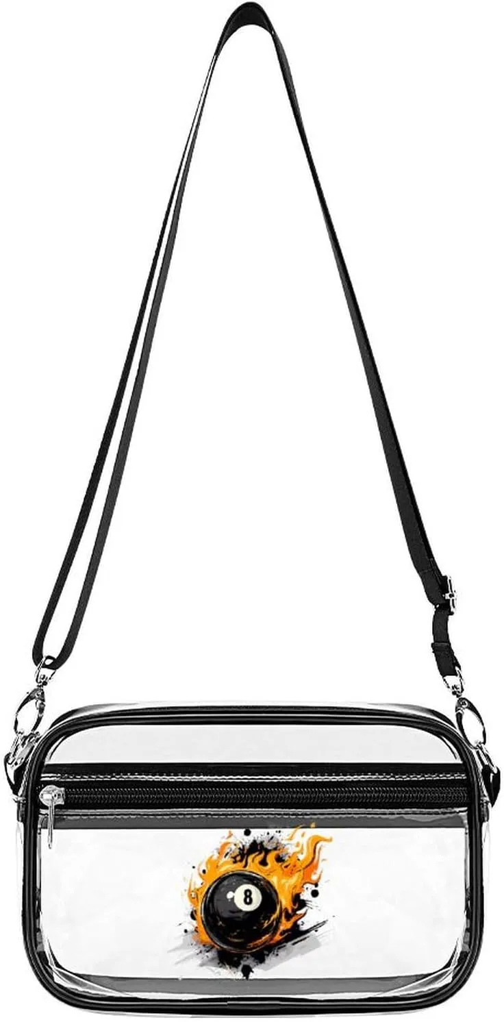 Graffiti 8 Ball Billiards with Flames Clear Stadium Bag Clear Mini Messenger Bags with 2 Compartments Crossbody Bag