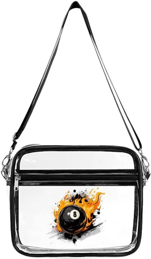 Graffiti 8 Ball Billiards with Flames Large Clear Stadium Bag Clear Mini Messenger Bags with 2 Compartments Crossbody Bag