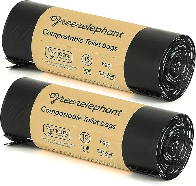 Green Elephant Portable Toilet Bags - Camping Toilet Bags, Camping Potty Bags, Camping Poop Bags for People, Toilet Waste Bags for 5 Gallon Bucket, Camp Toilet Bag, 15 count, 8 gal, 1 mil (2 pack)