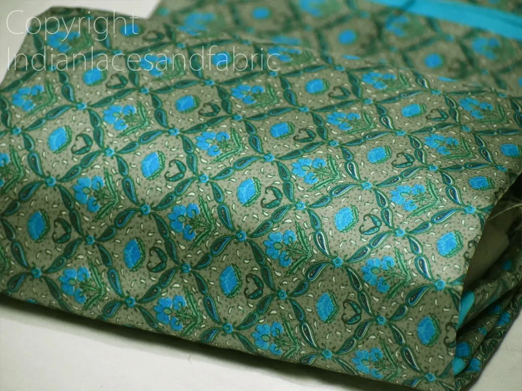 Green Indian Printed Sari Soft Pure Silk Fabric by the yard Wedding Dresses Bridesmaid Party Costumes Saree DIY Crafting Drapery Sewing