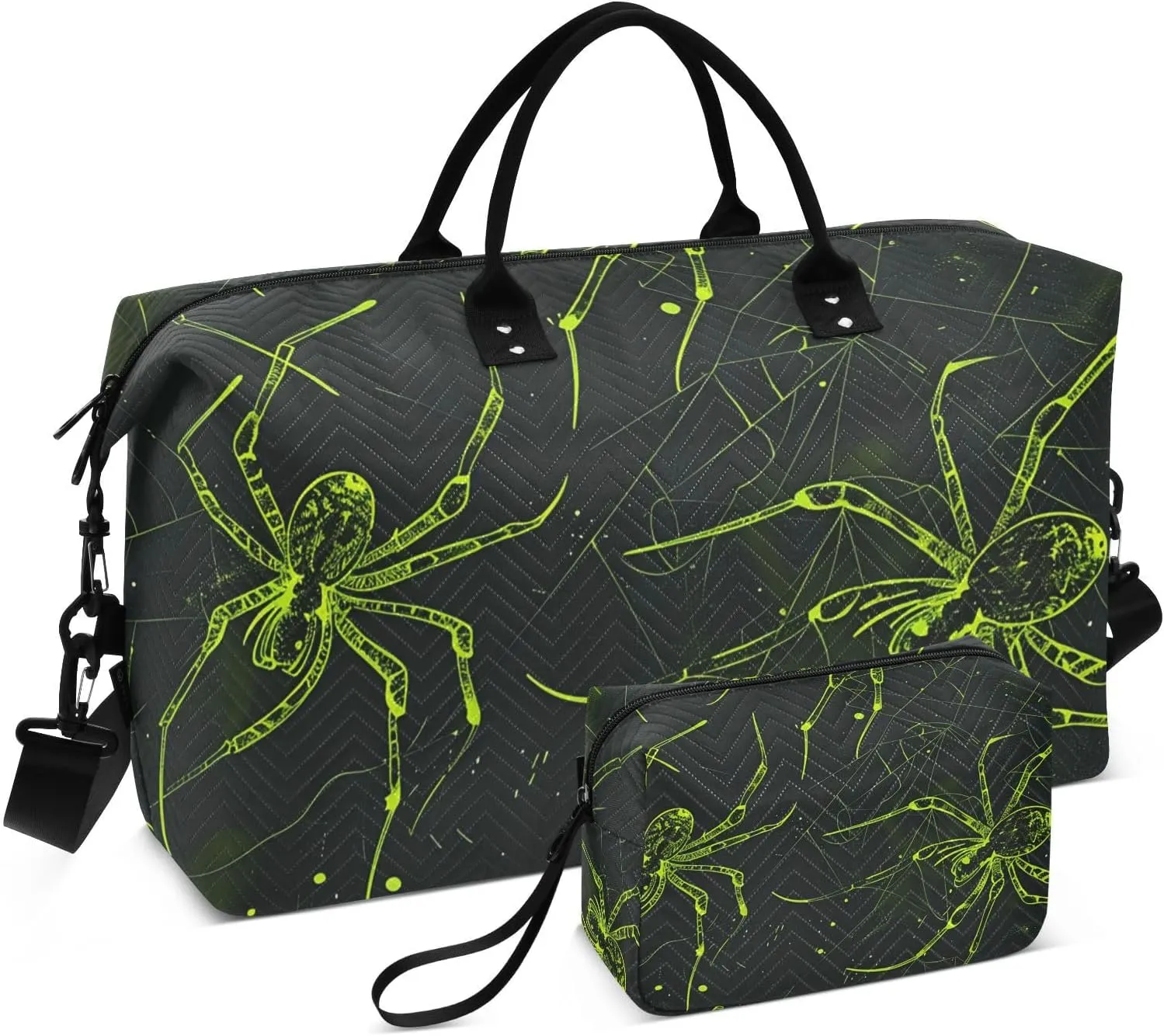 Green Spider Silk and Spiders Travel Handle Bag Set - Multiple Compartments and Airplane Approved, Storing Travel Bag with Small Storage Bag for Weekend Getaways, Business Trips
