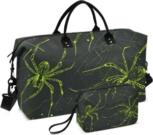 Green Spider Silk and Spiders Travel Handle Bag Set - Multiple Compartments and Airplane Approved, Storing Travel Bag with Small Storage Bag for Weekend Getaways, Business Trips