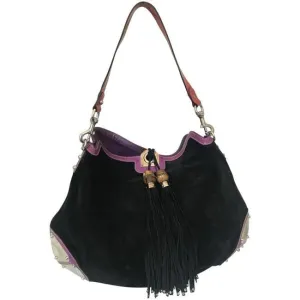 Gucci Black W Purple & Red Suede And Leather Indy Xl Hobo Bucket Bag