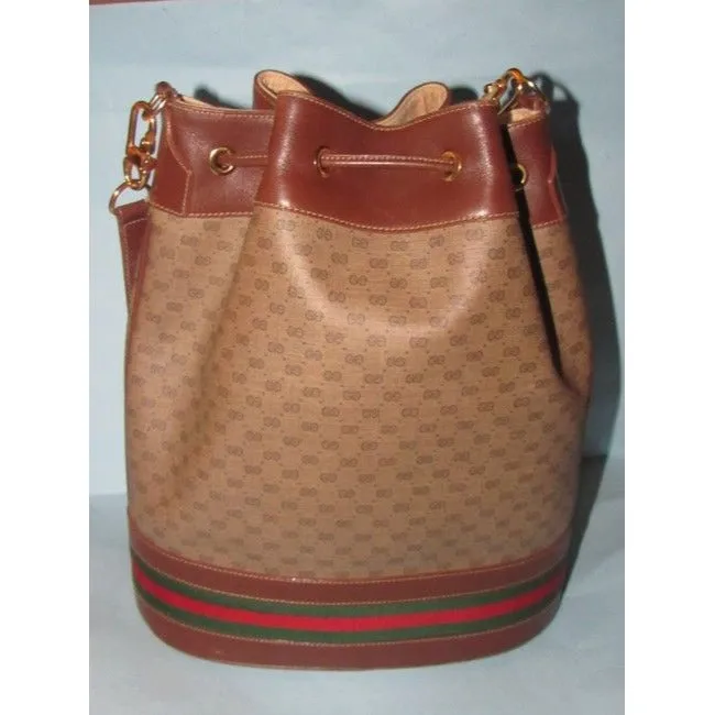 Gucci Brown Micro Guccissima Print Leather Bucket Bag w Red/Green Sttripe