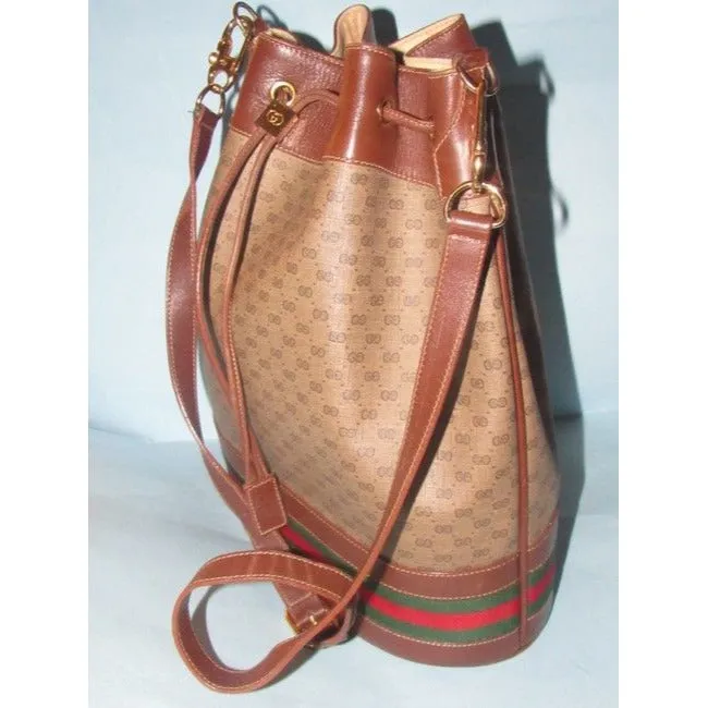 Gucci Brown Micro Guccissima Print Leather Bucket Bag w Red/Green Sttripe
