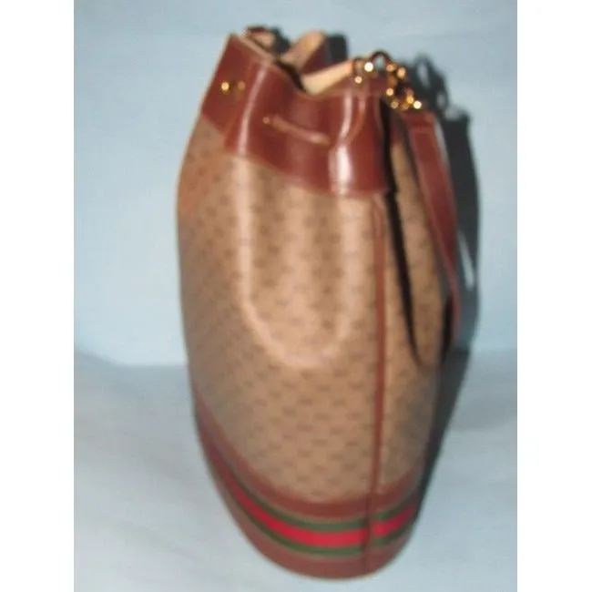 Gucci Brown Micro Guccissima Print Leather Bucket Bag w Red/Green Sttripe
