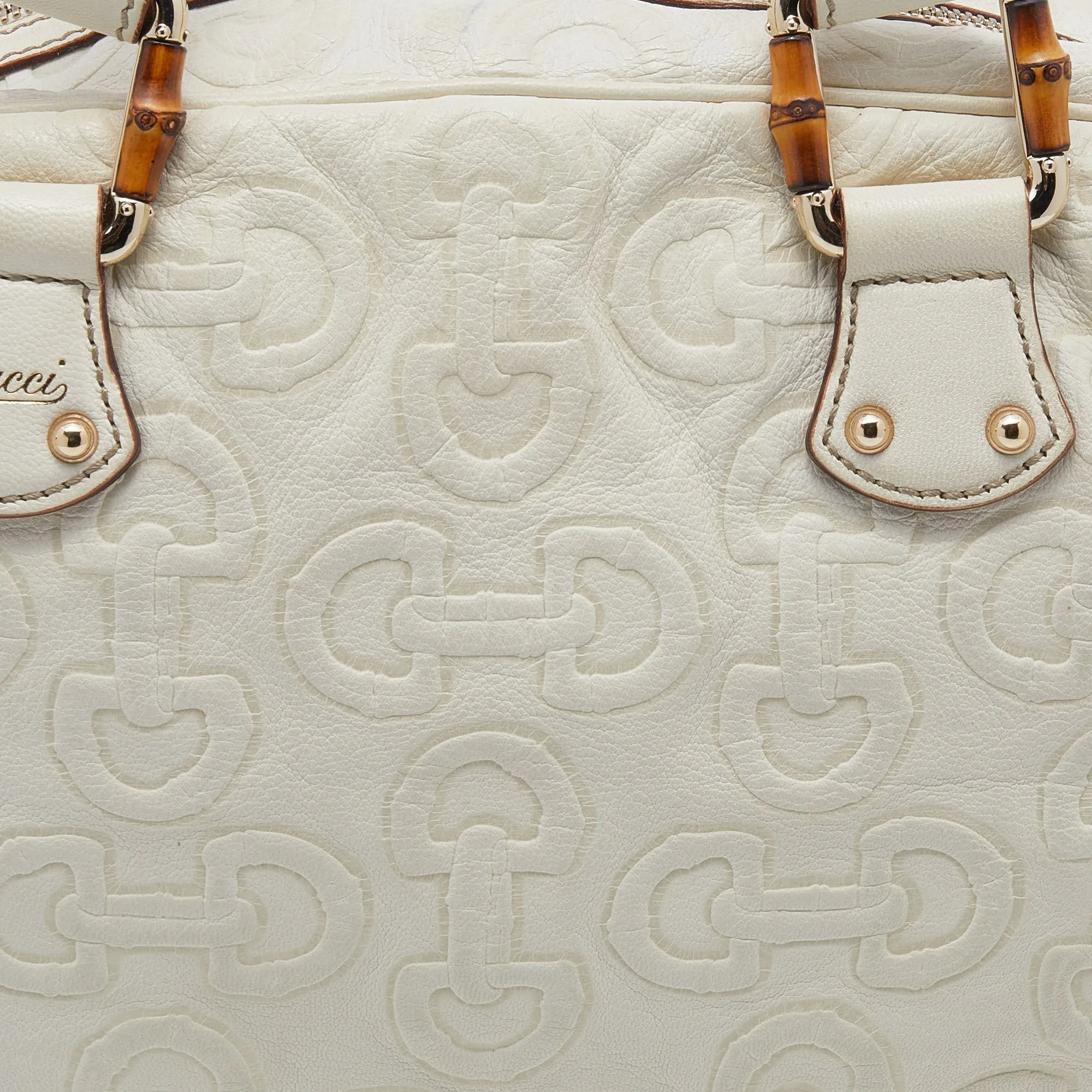 Gucci Cream Horsebit Embossed Leather Satchel