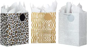 Hallmark 13" Large Animal Print Gift Bags with Tissue Paper (3-Pack: Silver Alligator, Gold Zebra, Leopard) for Holidays, Birthdays, Valentine's Day