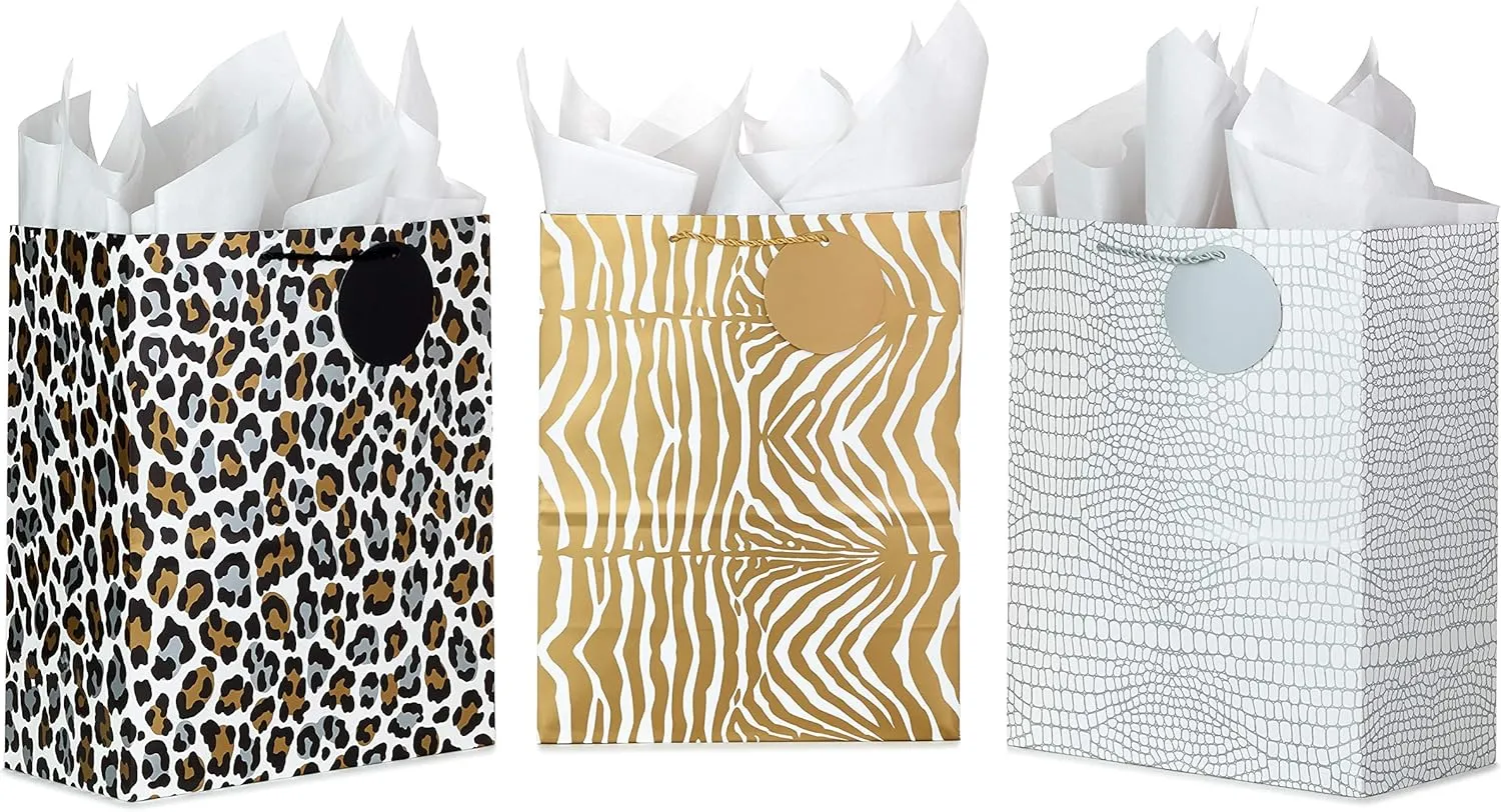 Hallmark 13" Large Animal Print Gift Bags with Tissue Paper (3-Pack: Silver Alligator, Gold Zebra, Leopard) for Holidays, Birthdays, Valentine's Day