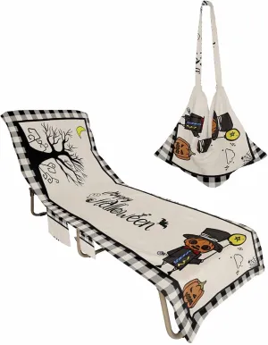 Halloween Pumpkin Chaise Lounger Cover with Pockets, Pool Lounge Chair Covers 85"x29", Vintage Plaid Microfiber Beach Chair Cover for Outdoor Patio Sunbathing