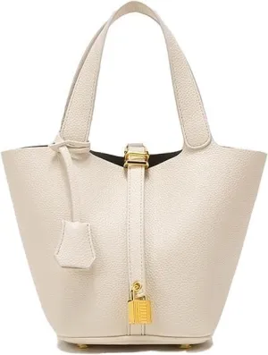 Handbag for Women Leather Vegetable Basket with Lock Bucket Bag Solid Color Tote Bag Fashion Genuine Leather