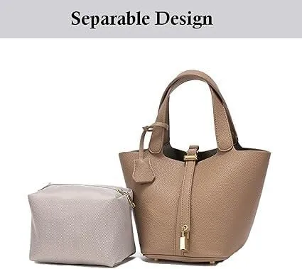 Handbag for Women Leather Vegetable Basket with Lock Bucket Bag Solid Color Tote Bag Fashion Genuine Leather