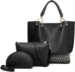 Handbags for Women Fashion Tote Bags Rivet Shoulder Bag Top Handle Satchel Purse Set 3pcs