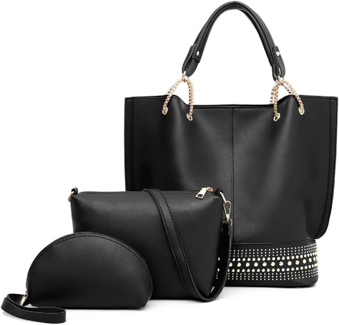 Handbags for Women Fashion Tote Bags Rivet Shoulder Bag Top Handle Satchel Purse Set 3pcs