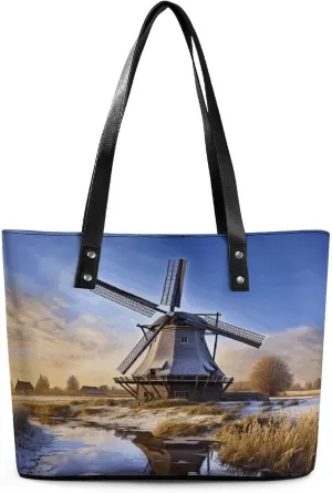 Handbag,Traditional Windmill Print Leather Handbag,tote Bag,leather Lady's Handbag,ladies Commuter Bag