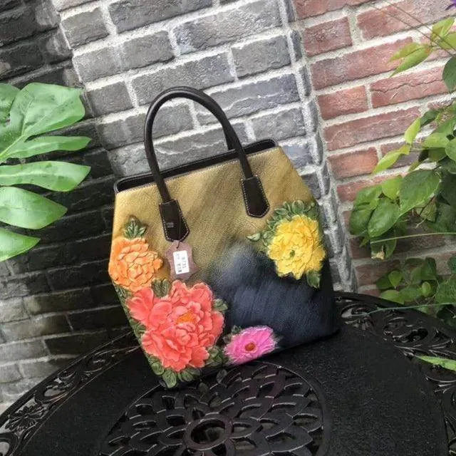 Handmade Floral Embossed Leather Handbag Tote Bag Luxury