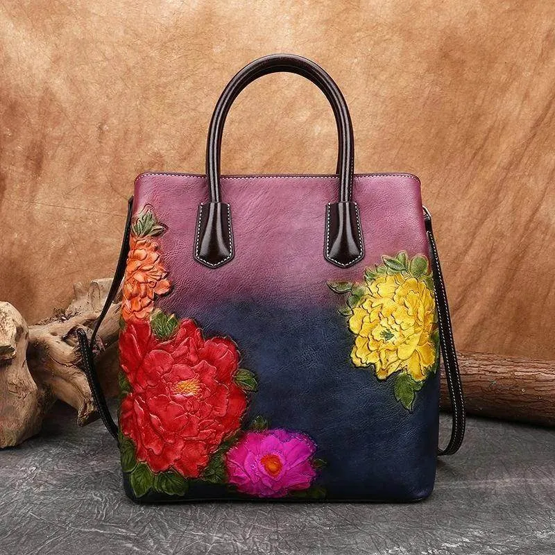 Handmade Floral Embossed Leather Handbag Tote Bag Luxury