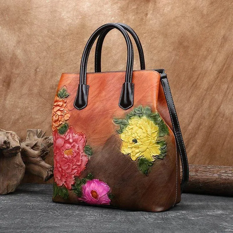 Handmade Floral Embossed Leather Handbag Tote Bag Luxury