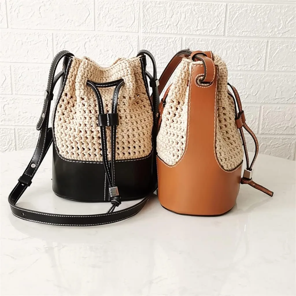 Handmade Handbag Shoulder Strap Hollow Drawstring Woven Bag Set Bucket Bag Leather with Bag Bottom Belt Bag for DIY Backpack(White-Patch Five-Pointed star4)