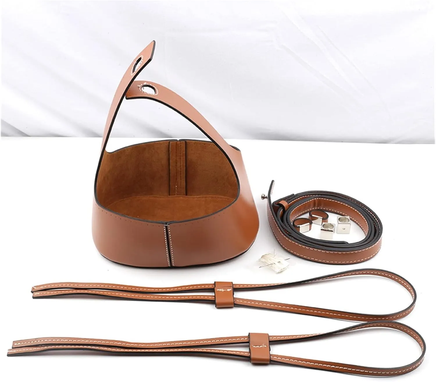Handmade Handbag Shoulder Strap Hollow Drawstring Woven Bag Set Bucket Bag Leather with Bag Bottom Belt Bag for DIY Backpack(White-Patch Five-Pointed star4)