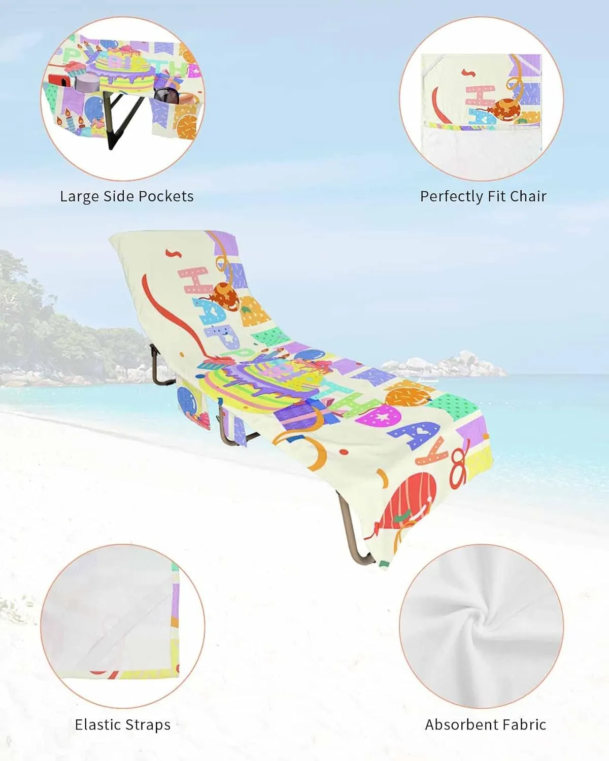 Happy Birthday Chaise Lounger Cover with Pockets, Pool Lounge Chair Covers 85"x29", Celebration Balloon Cake Colorful Stripes Microfiber Beach Chair Cover for Outdoor Patio Sunbathing