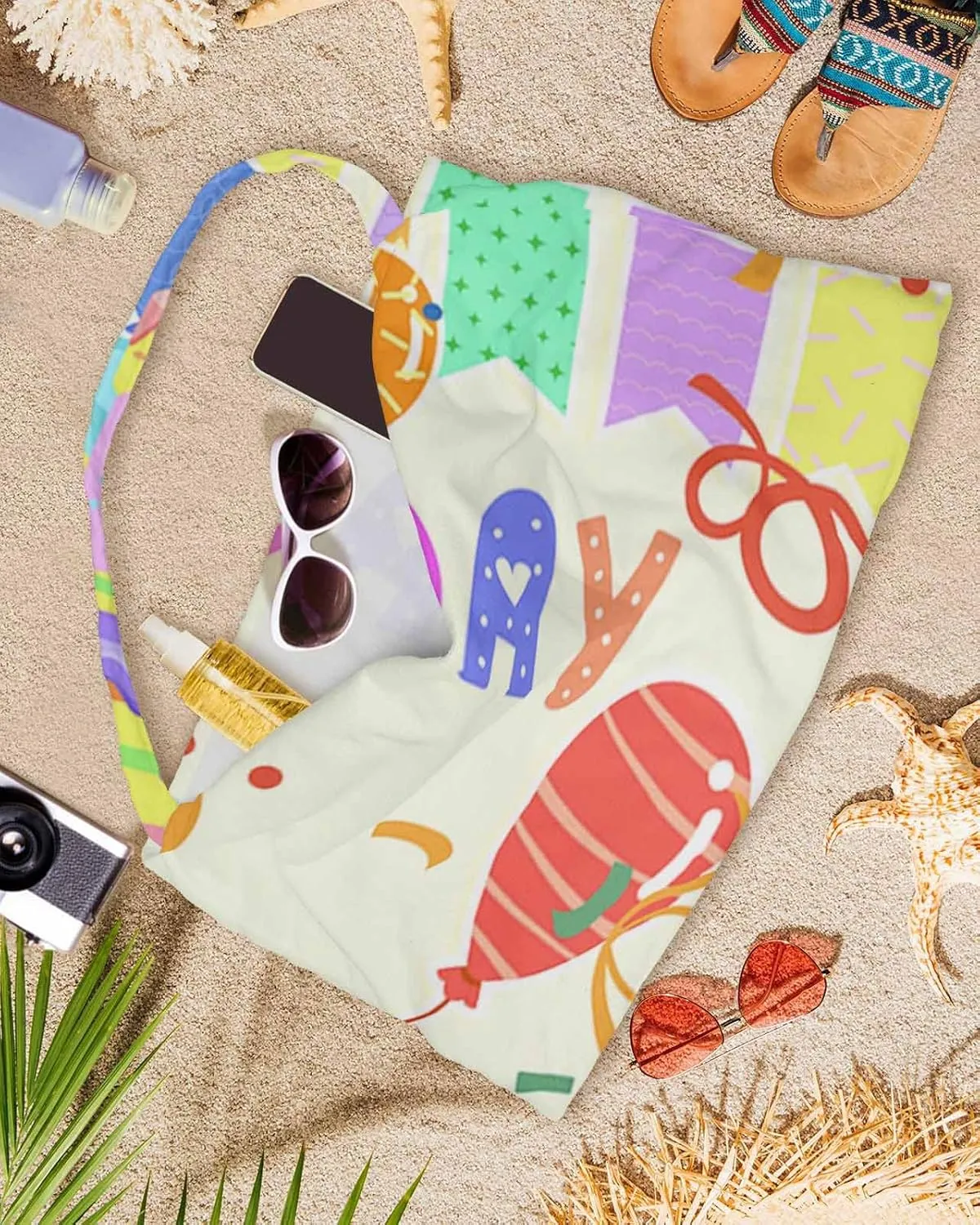 Happy Birthday Chaise Lounger Cover with Pockets, Pool Lounge Chair Covers 85"x29", Celebration Balloon Cake Colorful Stripes Microfiber Beach Chair Cover for Outdoor Patio Sunbathing