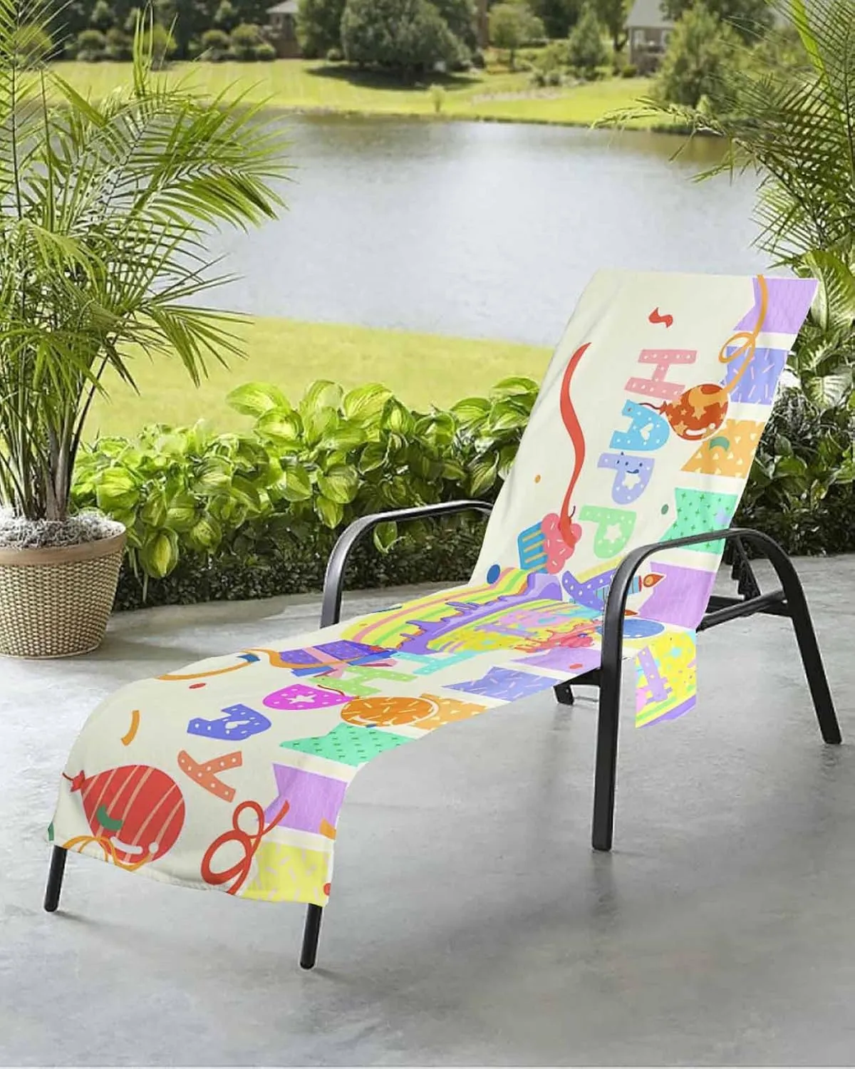 Happy Birthday Chaise Lounger Cover with Pockets, Pool Lounge Chair Covers 85"x29", Celebration Balloon Cake Colorful Stripes Microfiber Beach Chair Cover for Outdoor Patio Sunbathing