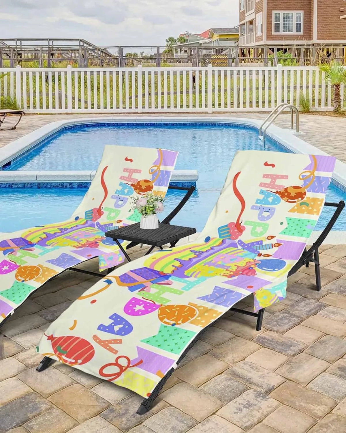 Happy Birthday Chaise Lounger Cover with Pockets, Pool Lounge Chair Covers 85"x29", Celebration Balloon Cake Colorful Stripes Microfiber Beach Chair Cover for Outdoor Patio Sunbathing