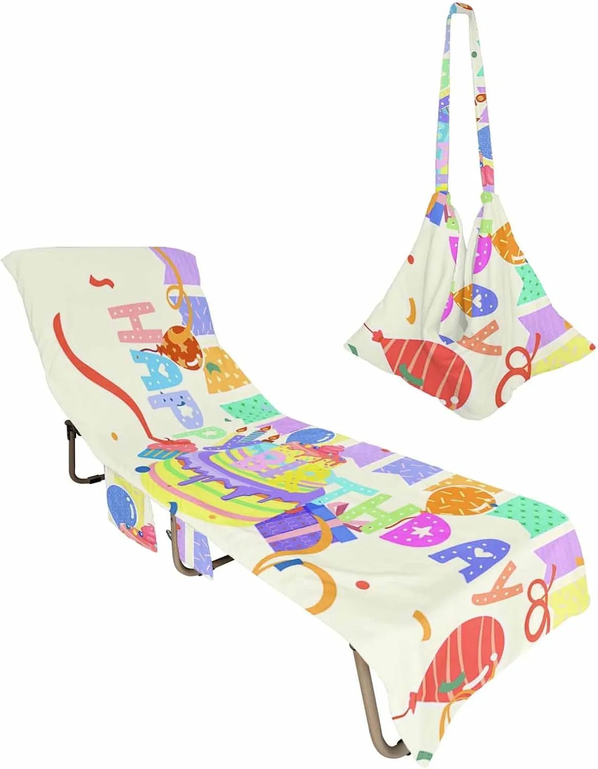 Happy Birthday Chaise Lounger Cover with Pockets, Pool Lounge Chair Covers 85"x29", Celebration Balloon Cake Colorful Stripes Microfiber Beach Chair Cover for Outdoor Patio Sunbathing