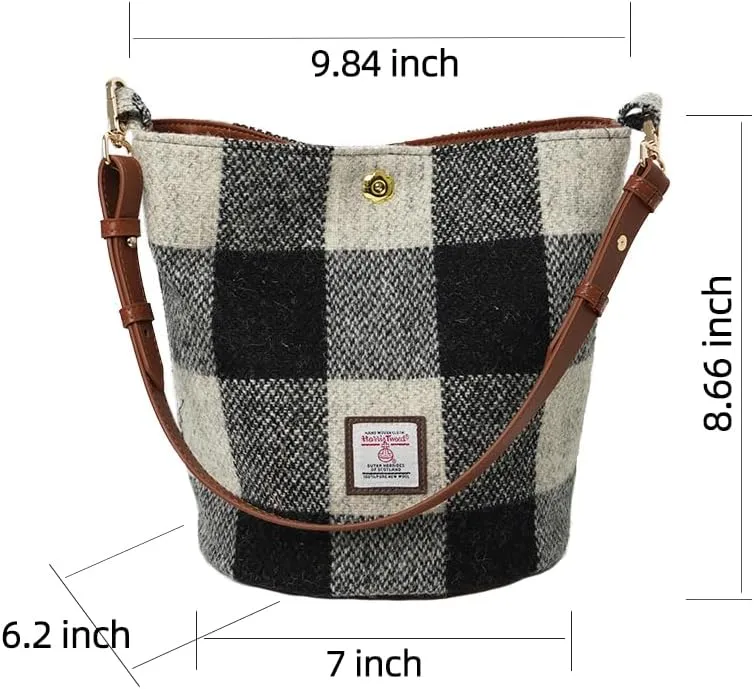 Harris Tweed Bucket Bag Shoulder Bag Handbag for Women with Leather Strap 9.4 x 7 inch * 8.2 inch
