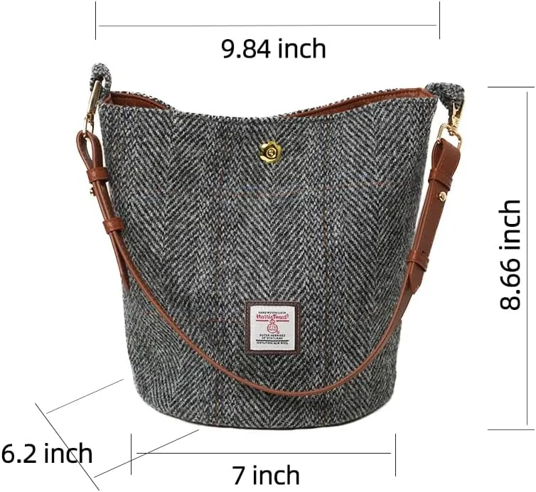 Harris Tweed Bucket Bag Shoulder Bag Handbag for Women with Leather Strap 9.4 x 7 inch * 8.2 inch