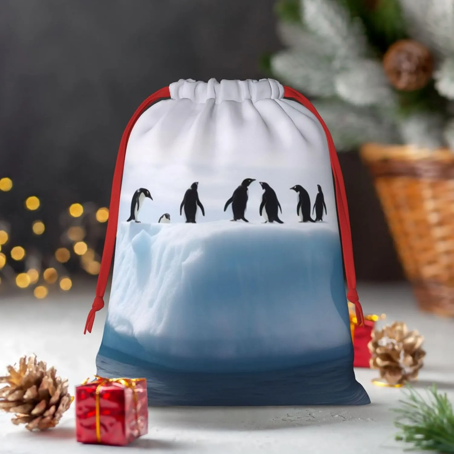 HaxigWcufx Christmas Gift Bag Penguins on the Iceberg Christmas Bags for Christmas Party Supplies Drawstring Bag Party Favors Bags Candy Sack Wrapping Bags for Presents Party