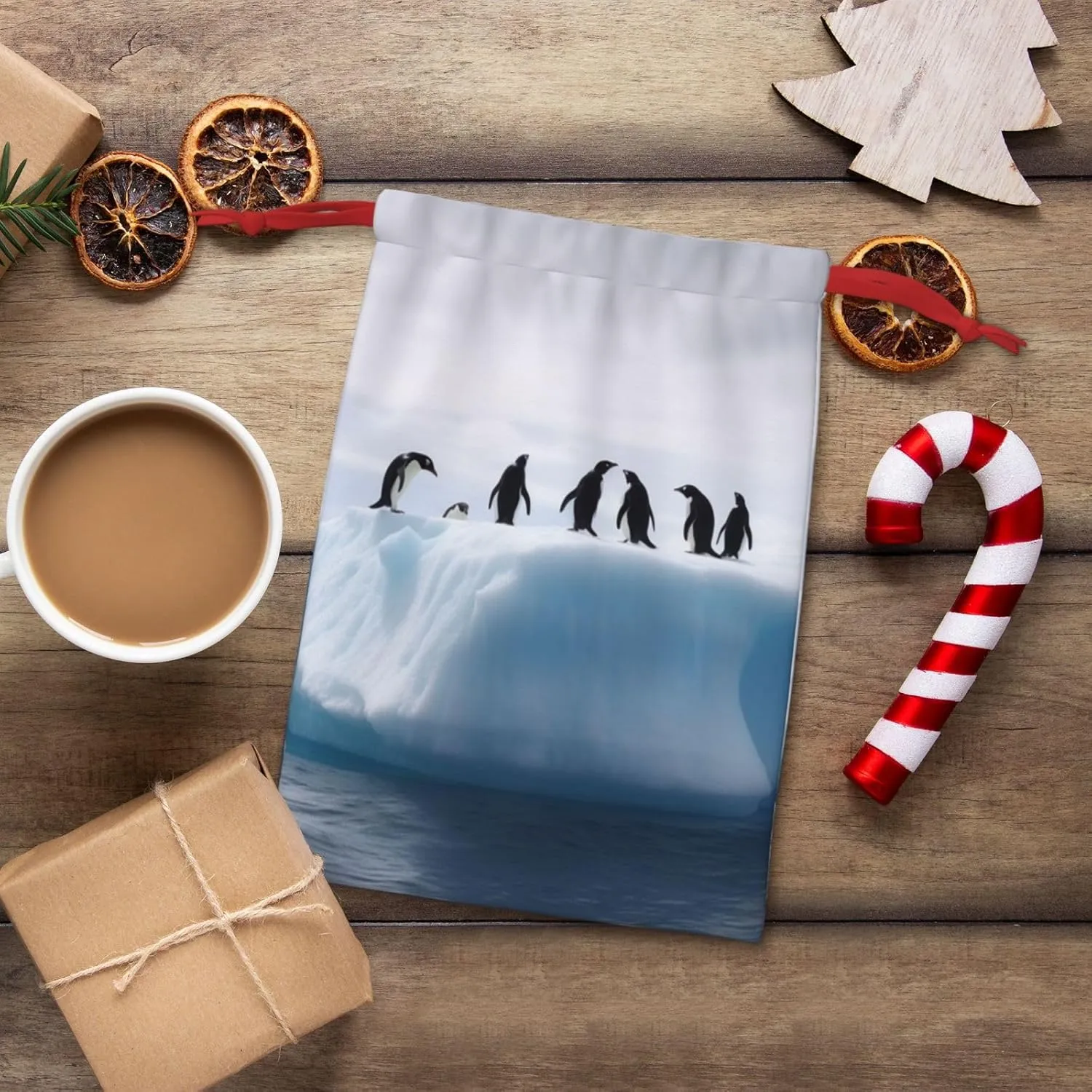 HaxigWcufx Christmas Gift Bag Penguins on the Iceberg Christmas Bags for Christmas Party Supplies Drawstring Bag Party Favors Bags Candy Sack Wrapping Bags for Presents Party