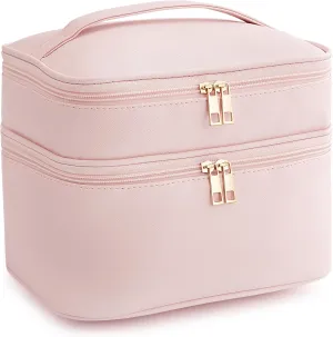 HBlife Double Layer Travel Makeup Bag Portable Cute Leather Cosmetic Bag Large Make Up Bag Makeup Case Organizer Toiletry Bag for Women Girls with Handle and Removable Divider(Pink)