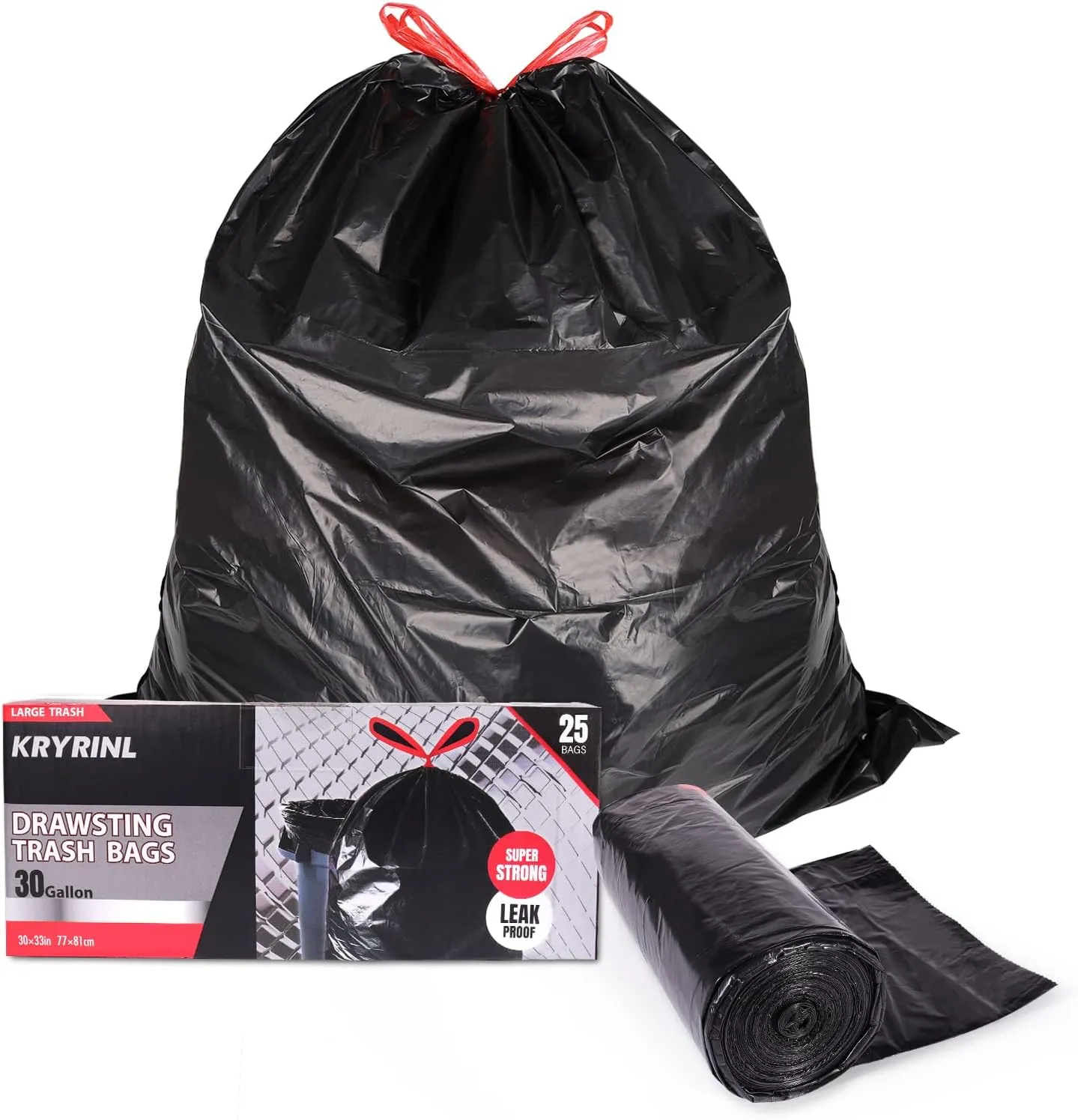 Heavy Duty Drawstring Trash Bags, 30 Gallon, 25 Count, Extra Strong, Leak-Proof & Tear-Resistant,1.33Mil Black Garbage Bags for Kitchen, Home Trash Cans, Out Door,Durable Plastic Bin Liners