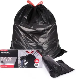Heavy Duty Drawstring Trash Bags, 30 Gallon, 25 Count, Extra Strong, Leak-Proof & Tear-Resistant,1.33Mil Black Garbage Bags for Kitchen, Home Trash Cans, Out Door,Durable Plastic Bin Liners