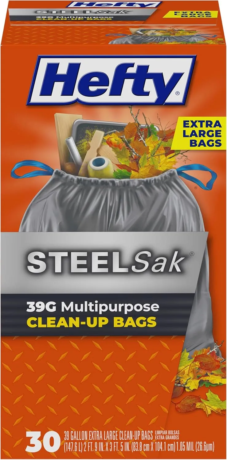 Hefty Steelsak Heavy Duty Large Trash Bags, Gray, Unscented, 39 Gallon, 30 Count