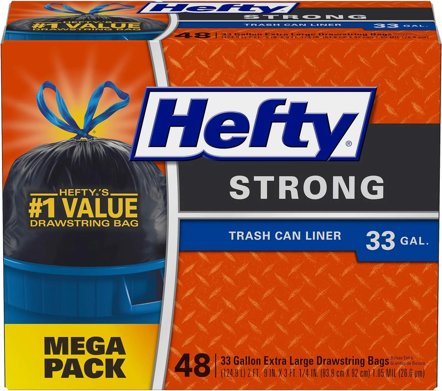 Hefty Strong Large Trash Bags, 33 Gallon, 48 Count (Pack of 3), 144 Total
